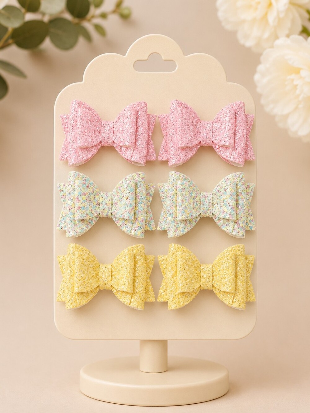 Handmade 3 Pairs Pastel Glitter Bows On Alligator Clips-Cute Hair Accessory Set